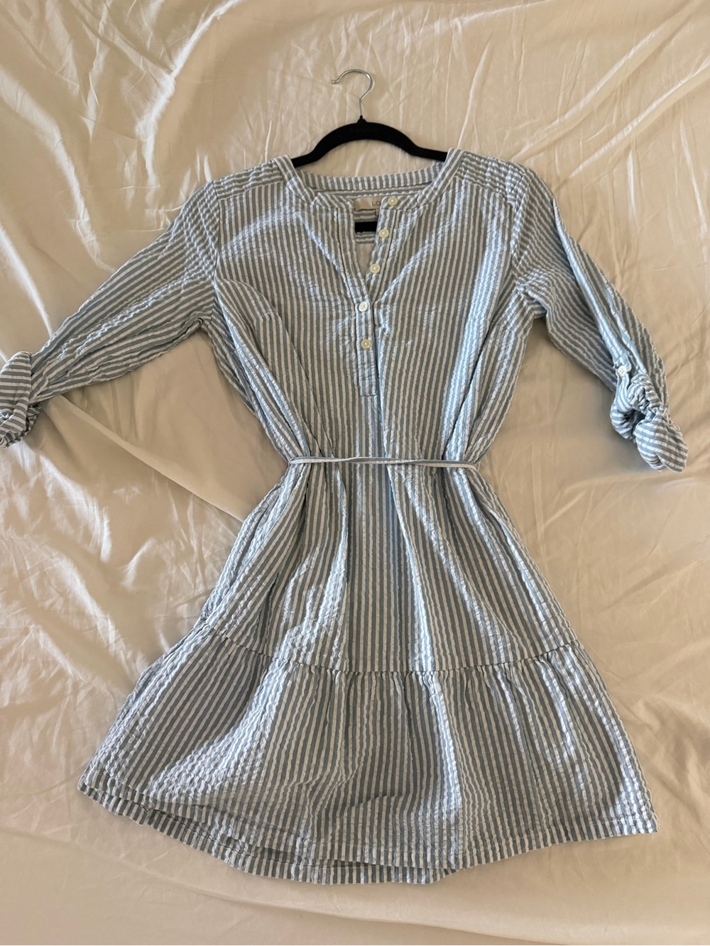 LOFT Light Blue & White Striped Tie-Waist Shirt Dress